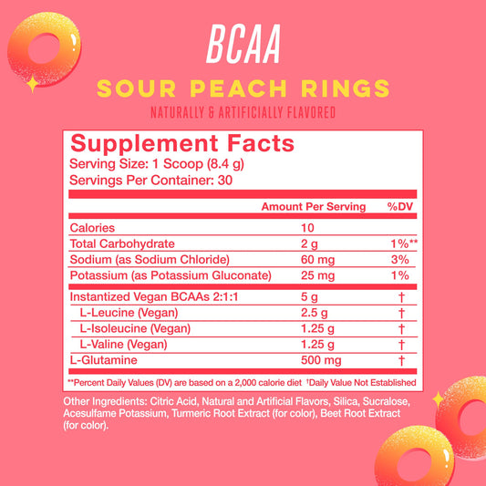 Alani Nu BCAA Sour Peach Ring | Branch Chain Essential Amino Acids | 2:1:1 Formula | Supplement Powder | Muscle Recovery Vitamins for Post-Workout | 30 Servings