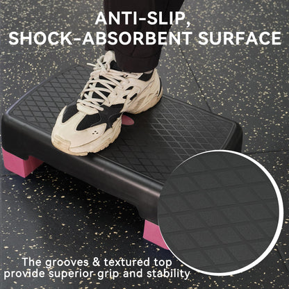 Fitvids 18" Workout Aerobic Stepper Step Platform with 2 Risers, Lightweight Portable Step Up Platform Trainer, Adjustable Height 3.2’’ 5.5’’ for Home Gym, Black and Pink