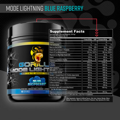 Gorilla Mode Lightning Pre-Workout - Extreme Energy · Laser Focus · Powerful Pumps · Peak Performance - 550mg Caffeine, 13500mg L-Tyrosine, Alpha-GPC– 808g (Blue Raspberry)