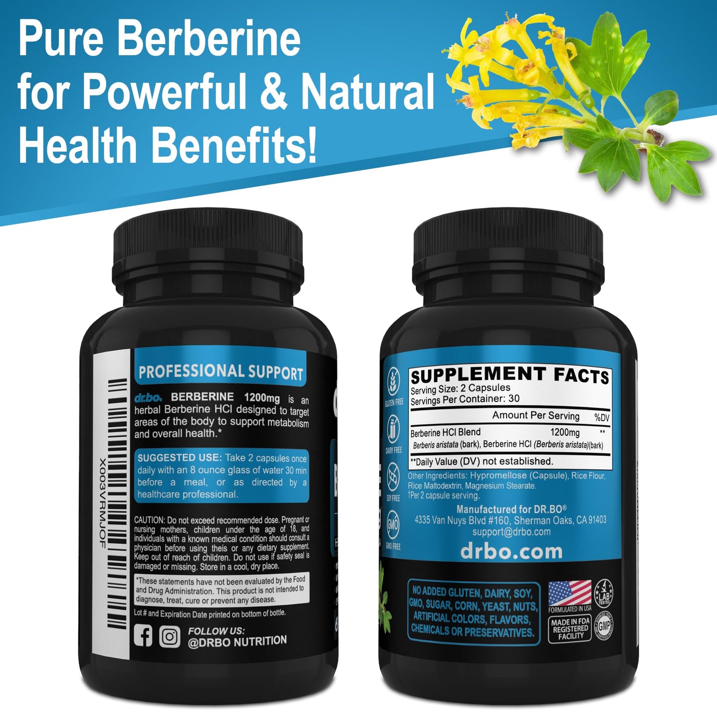 Berberine Supplement Capsules - 1200mg Berberine HCL Supplement for Healthy Metabolic Support - Premium Natural Complex for Women & Men, Pure Support Capsules Supplements - 60 Pills