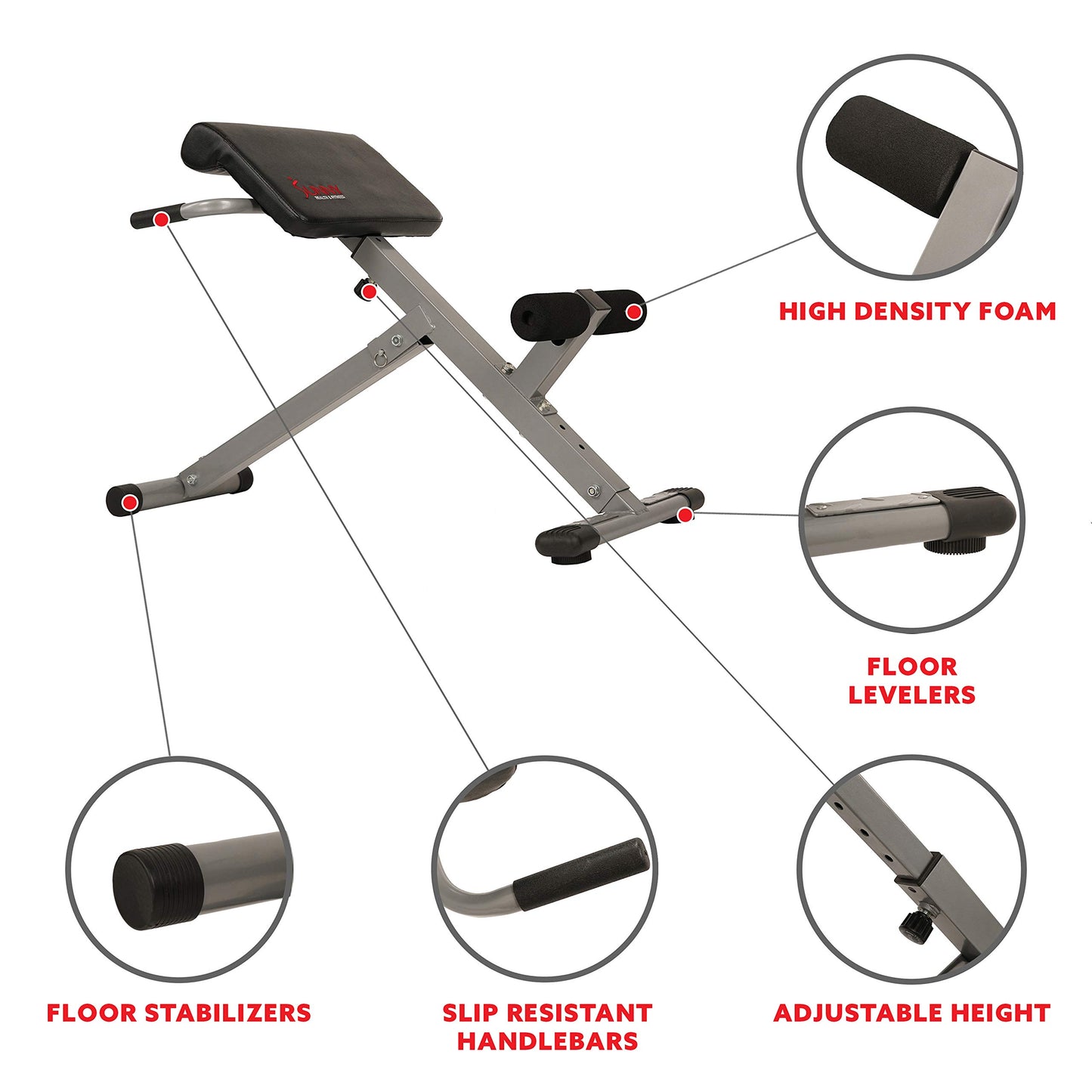 Sunny Health & Fitness 45-Degree Hyperextension Roman Chair with Adjustable Height and Back, Glute, Hamstring, and Ab Workouts Foldable Sit Up Gym Bench for Home, Gray - SF-BH6629