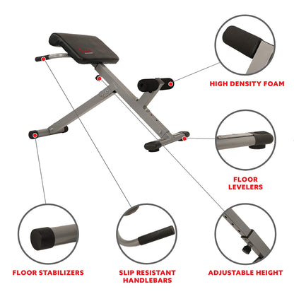 Sunny Health & Fitness 45-Degree Hyperextension Roman Chair with Adjustable Height and Back, Glute, Hamstring, and Ab Workouts Foldable Sit Up Gym Bench for Home, Gray - SF-BH6629