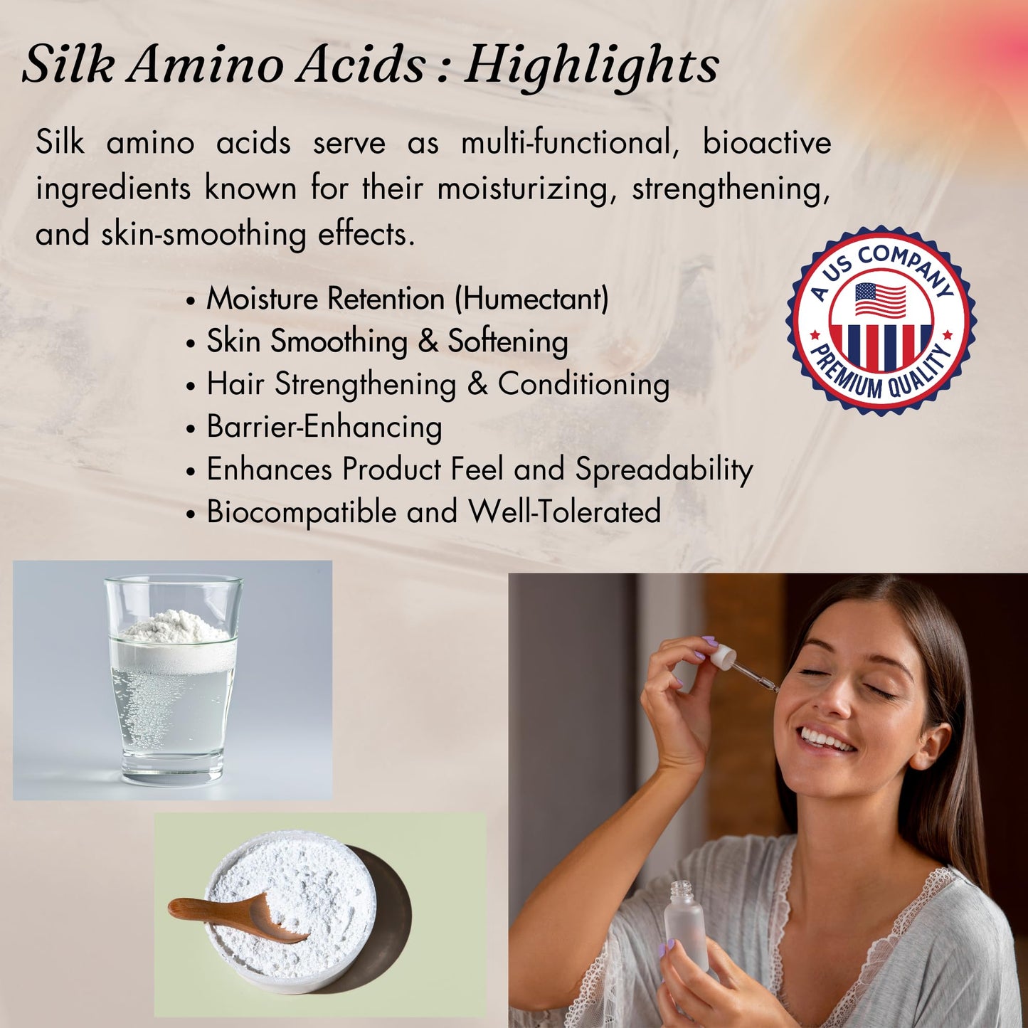 Hydrolyzed Silk Amino Acid Powder Cosmetic Grade for Hair Skin Nails Moisture Retention 100% Pure Use in Formulations or Add to Your Favorite Products (2 oz)