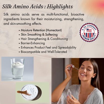 Hydrolyzed Silk Amino Acid Powder Cosmetic Grade for Hair Skin Nails Moisture Retention 100% Pure Use in Formulations or Add to Your Favorite Products (2 oz)