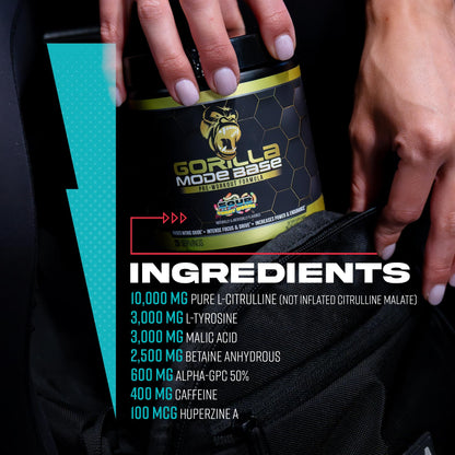 Gorilla Mind Base Pre Workout - Raises Nitric Oxide Intense Focus & Drive Endurance Power - L-Citrulline, L-Tyrosine, Betaine, Alpha-GPC, Caffeine, Huperzine A - 360 Grams (Blue Raspberry)