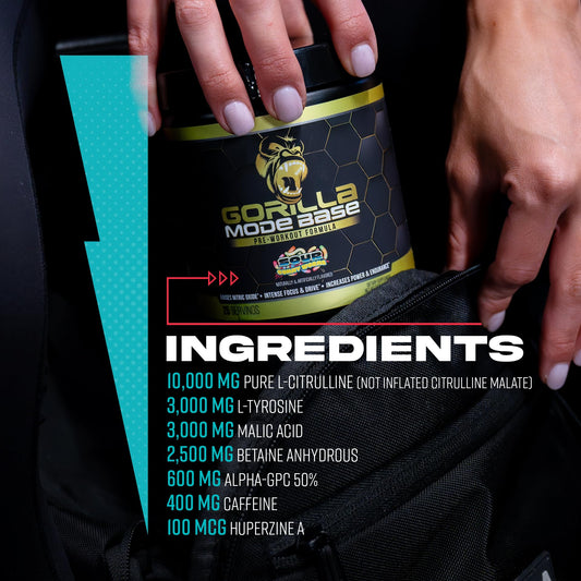 Gorilla Mind Base Pre Workout - Raises Nitric Oxide Intense Focus & Drive Endurance Power - L-Citrulline, L-Tyrosine, Betaine, Alpha-GPC, Caffeine, Huperzine A - 360 Grams (Blue Raspberry)