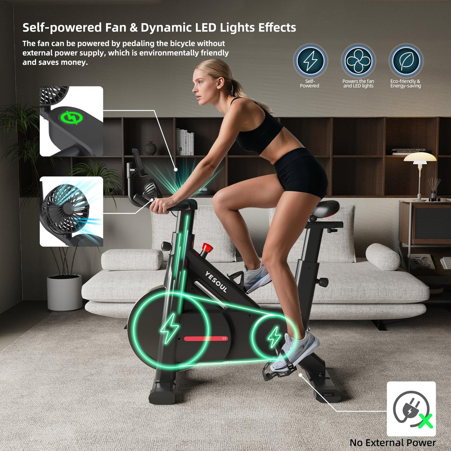 YESOUL Self-Powered-Fan Exercise Bike with Dynamic LED Light Effects, Pro Livestreaming Classes, Smart Exclusive App, 300 LBS Magnetic Resistance Indoor Stationary Cycling Workout Bike for Home