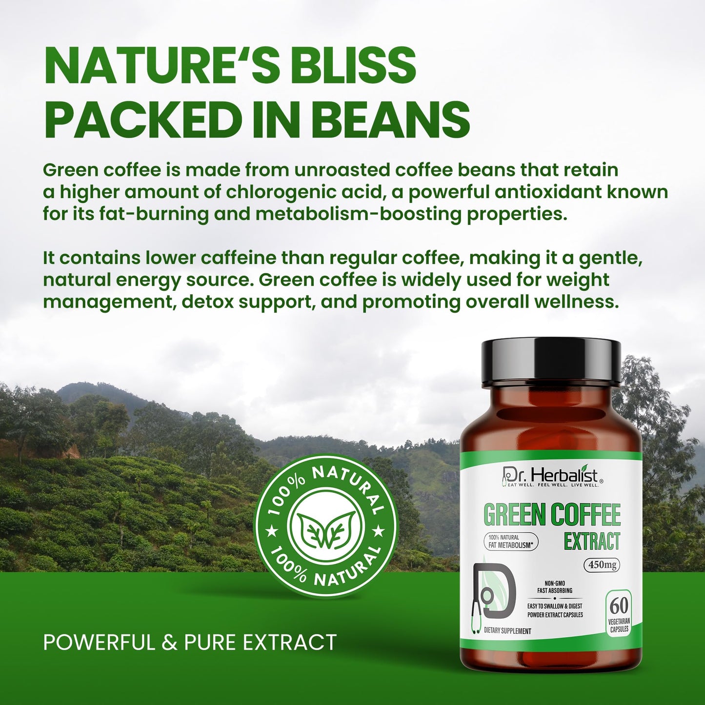 Dr. Herbalist Green Coffee Extract 450mg – 60 Vegan Capsules | 10:1 (4,500mg Raw Eq) | Caffeine-Free Unroasted Coffee Bean Supplement