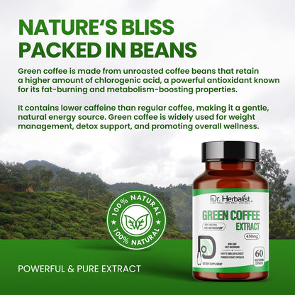 Dr. Herbalist Green Coffee Extract 450mg – 60 Vegan Capsules | 10:1 (4,500mg Raw Eq) | Caffeine-Free Unroasted Coffee Bean Supplement
