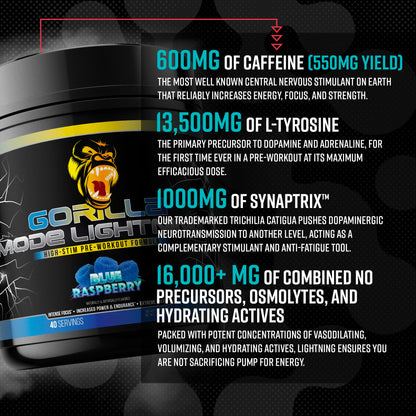 Gorilla Mode Lightning Pre-Workout - Extreme Energy · Laser Focus · Powerful Pumps · Peak Performance - 550mg Caffeine, 13500mg L-Tyrosine, Alpha-GPC– 808g (Blue Raspberry)