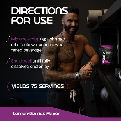 COURA Creatine Monohydrate Lemon-Berries Flavor - 450g - Sports Supplement - Strength and Endurance - Ideal for Intense Workouts - Gluten Free - Bottle Free