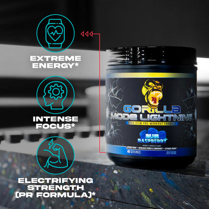 Gorilla Mode Lightning Pre-Workout - Extreme Energy · Laser Focus · Powerful Pumps · Peak Performance - 550mg Caffeine, 13500mg L-Tyrosine, Alpha-GPC– 808g (Blue Raspberry)