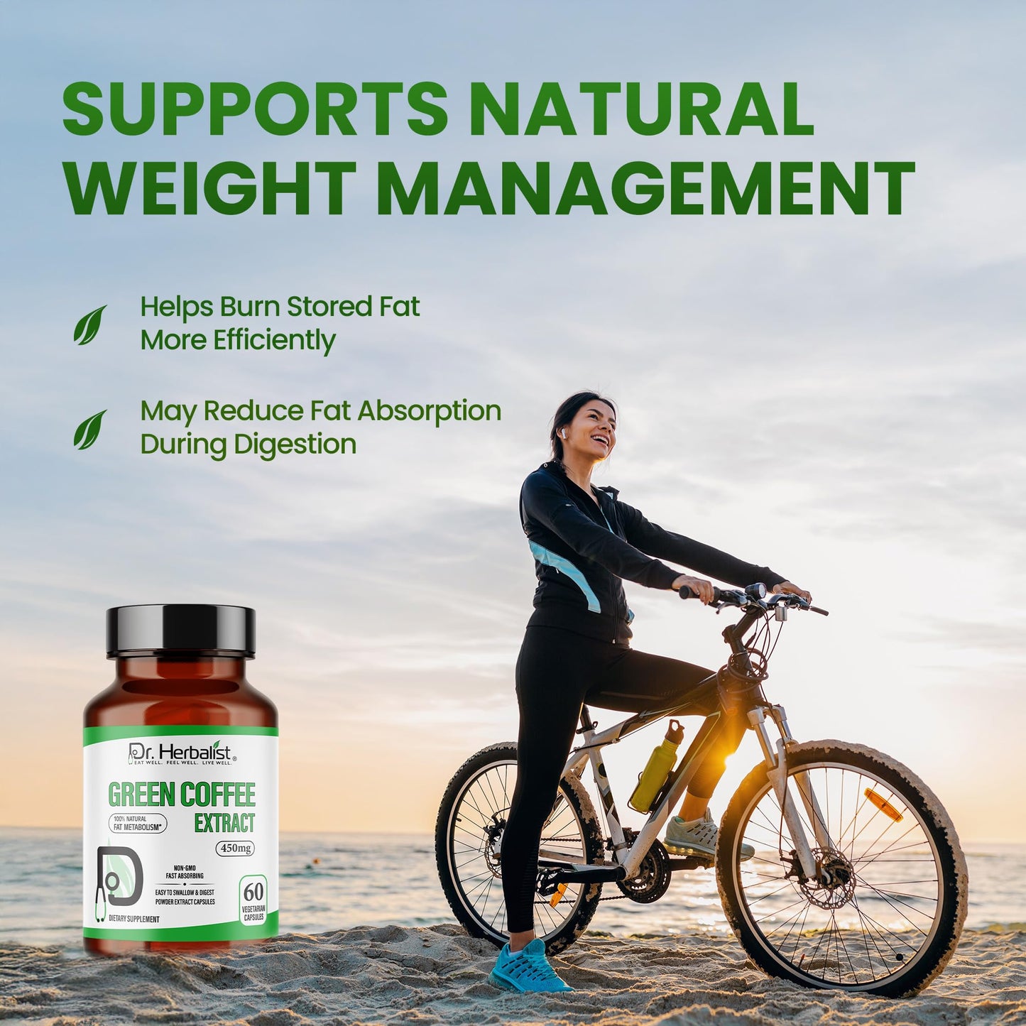 Dr. Herbalist Green Coffee Extract 450mg – 60 Vegan Capsules | 10:1 (4,500mg Raw Eq) | Caffeine-Free Unroasted Coffee Bean Supplement