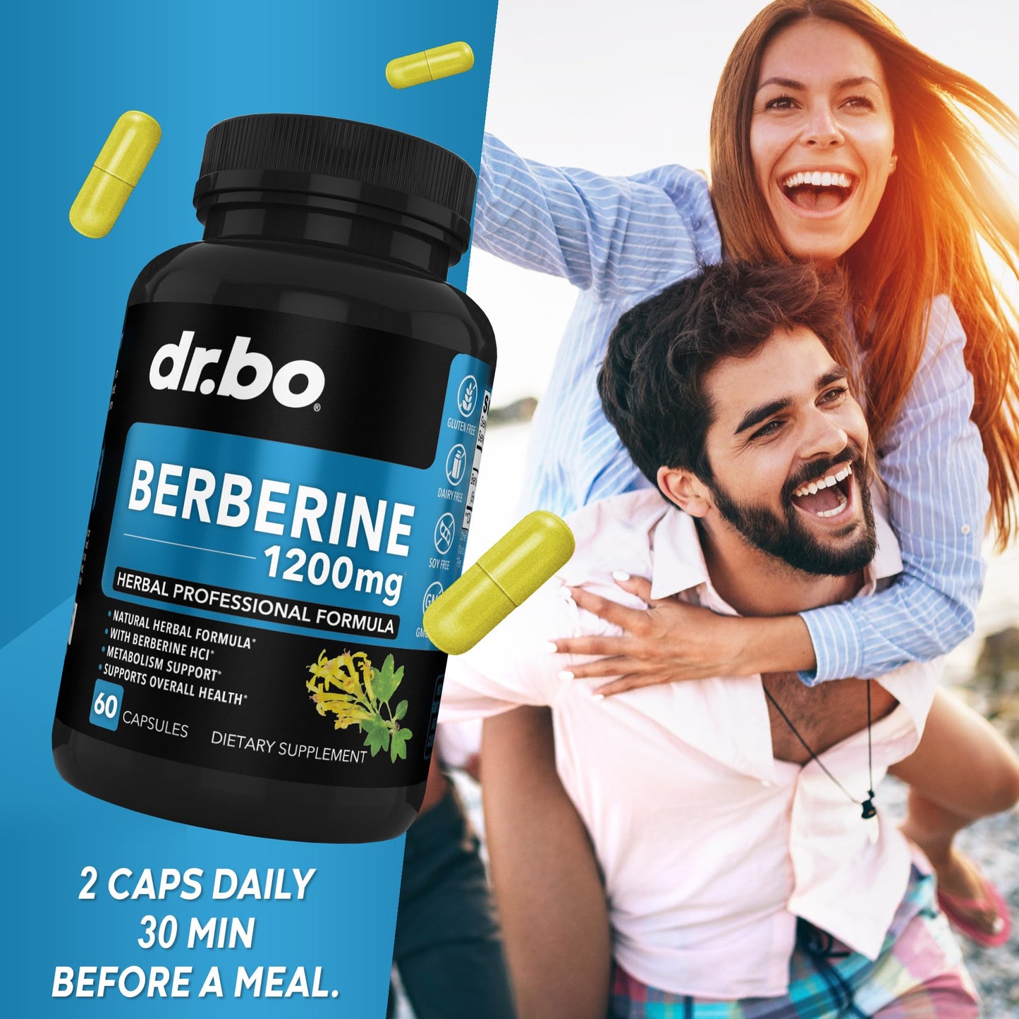 Berberine Supplement Capsules - 1200mg Berberine HCL Supplement for Healthy Metabolic Support - Premium Natural Complex for Women & Men, Pure Support Capsules Supplements - 60 Pills