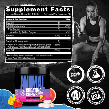 Animal Creatine Chews Tablets - Enhanced Creatine Monohydrate with AstraGin to Improve Absorption, Sea Salt for Added Pumps, Delicious and Convenient Chewable Tablets - Fruit Punch