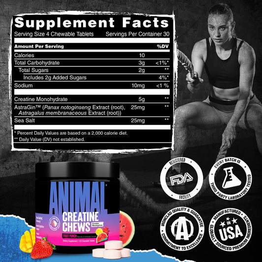 Animal Creatine Chews Tablets - Enhanced Creatine Monohydrate with AstraGin to Improve Absorption, Sea Salt for Added Pumps, Delicious and Convenient Chewable Tablets - Fruit Punch