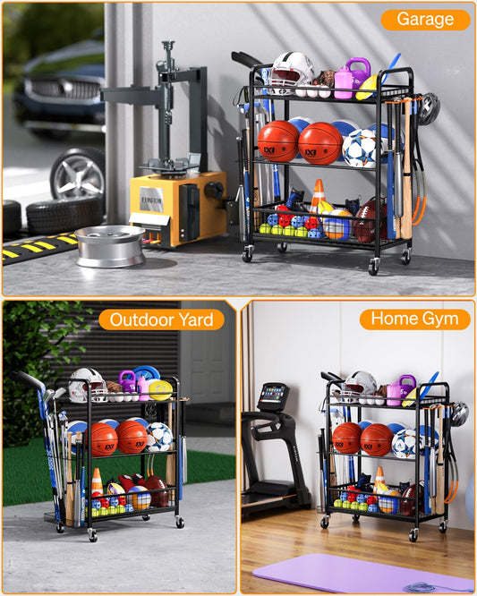 FHXZH Garage Sports Equipment Organizer - Rolling Ball Storage Rack with Wheels, Sports Gear Organizer for Garage Indoor Outdoor Toy Storage Rack, Basketball Racks Ball Cart with Basket and Hooks