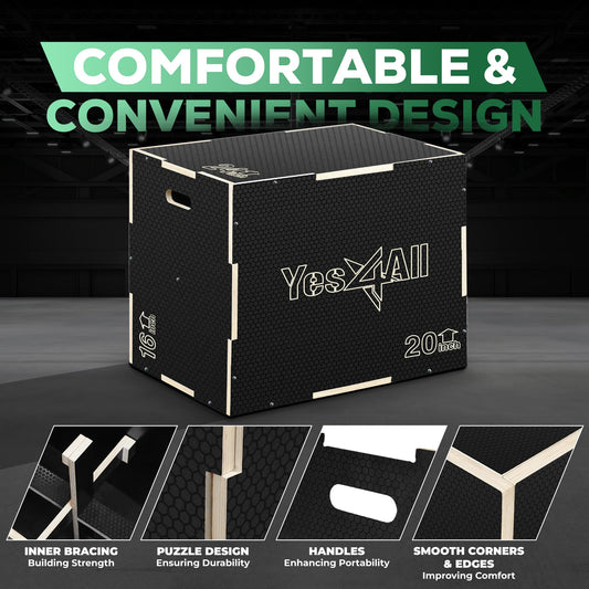 Yes4All 3 in 1 Non-Slip Wooden Plyo Box, Plyometric Box for Home Gym and Outdoor Workout 24" 20" 16" - Black