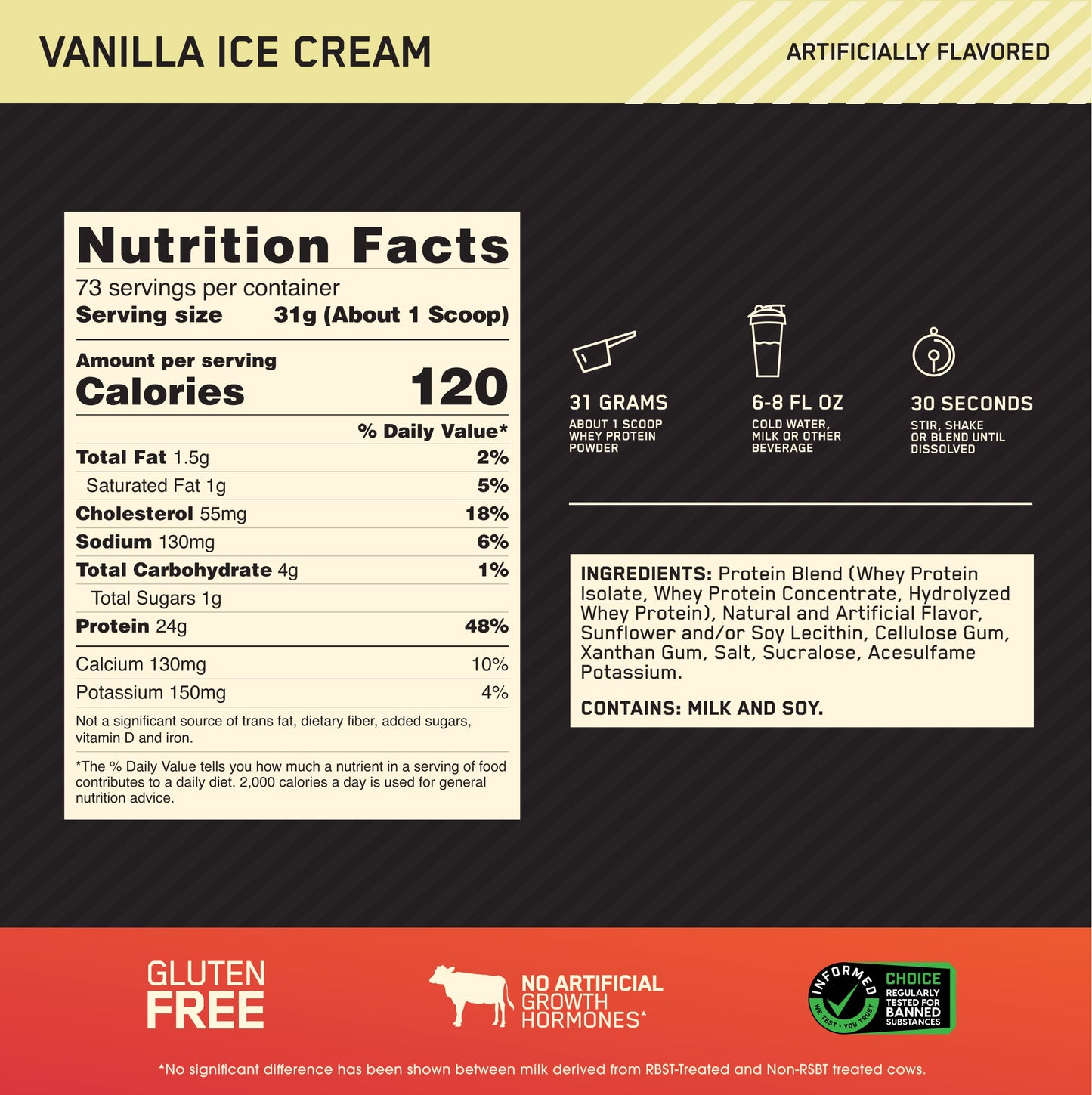 Optimum Nutrition Gold Standard Whey Vanilla Ice Cream - 5 lbs .
