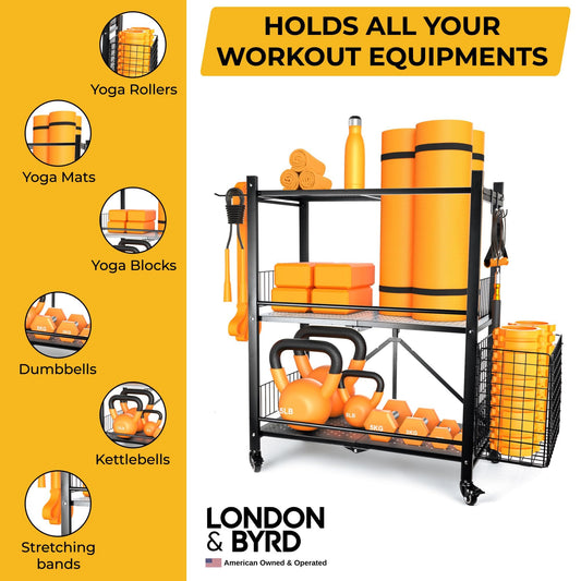 London & Byrd - No Assembly - Home Gym Storage Rack. Steel Construction, Heavy Duty Wheels, with Basket and Hooks. Great for Home Gym Equipment, Yoga mats, Kettlebells, and Small Dumbbell Storage.