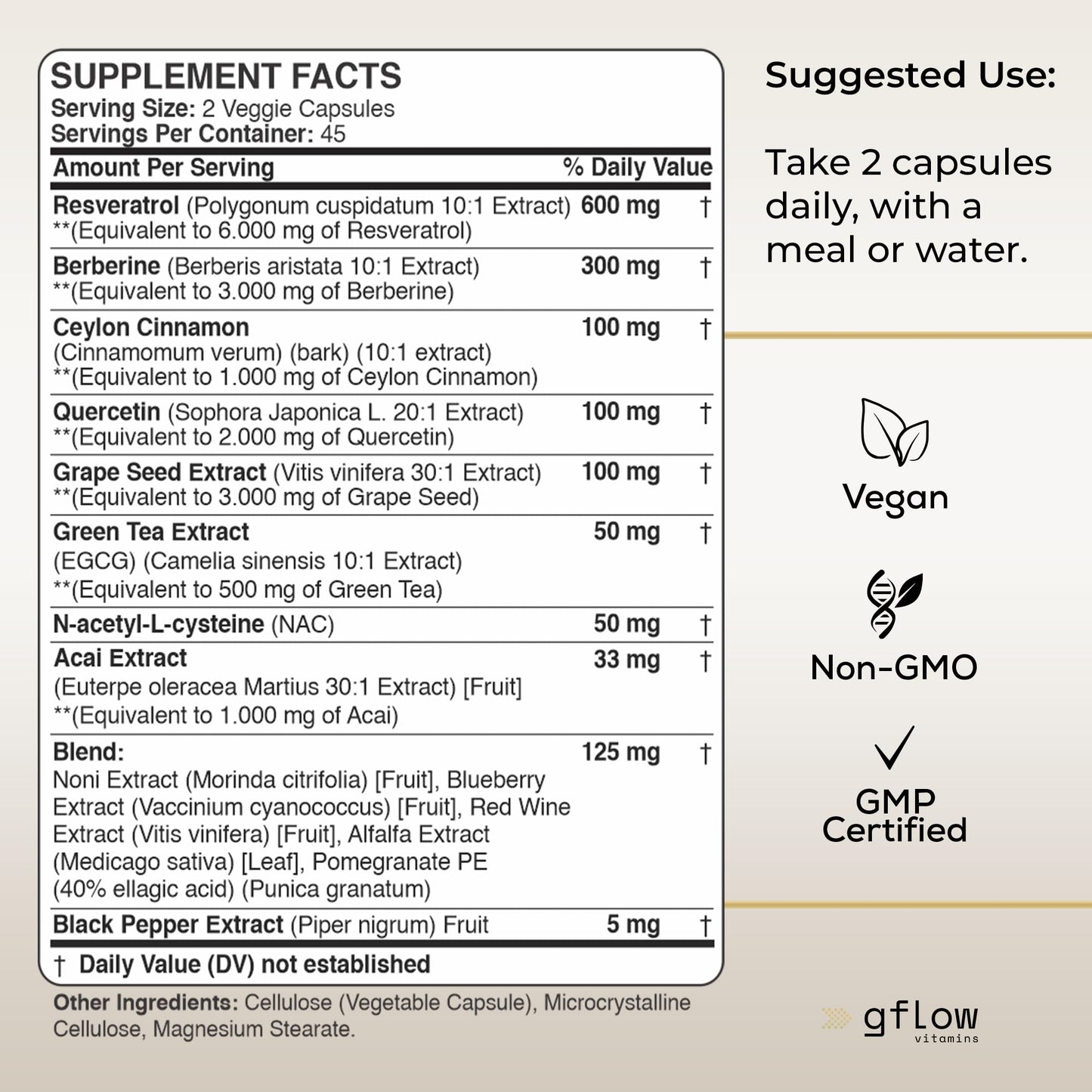gflow vitamins Resveratrol Supplement - 6000mg Max Strength with Berberine 3000mg Ceylon Cinnamon 1000mg Quercetin 2000mg, n Acetyl cysteine, Green Tea Extract, Acai - 14-in-1 Complex, 100% Natural