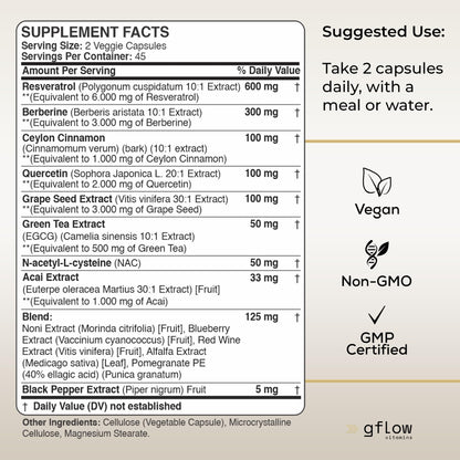 gflow vitamins Resveratrol Supplement - 6000mg Max Strength with Berberine 3000mg Ceylon Cinnamon 1000mg Quercetin 2000mg, n Acetyl cysteine, Green Tea Extract, Acai - 14-in-1 Complex, 100% Natural