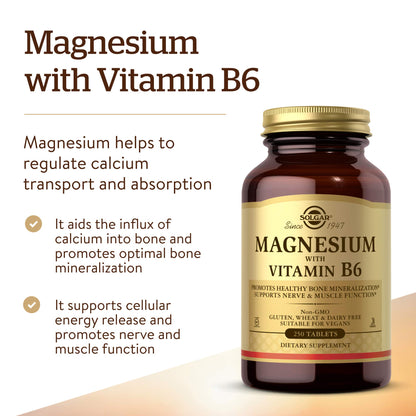 Solgar Magnesium with Vitamin B6, 250 Tablets - Promote Healthy Bone Mineralization, Support Nerve & Muscle Function, Energy Metabolism - Non-GMO, Vegan, Gluten Free, Dairy Free, Kosher - 83 Servings