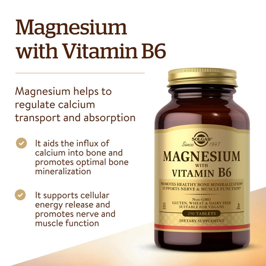 Solgar Magnesium with Vitamin B6, 250 Tablets - Promote Healthy Bone Mineralization, Support Nerve & Muscle Function, Energy Metabolism - Non-GMO, Vegan, Gluten Free, Dairy Free, Kosher - 83 Servings