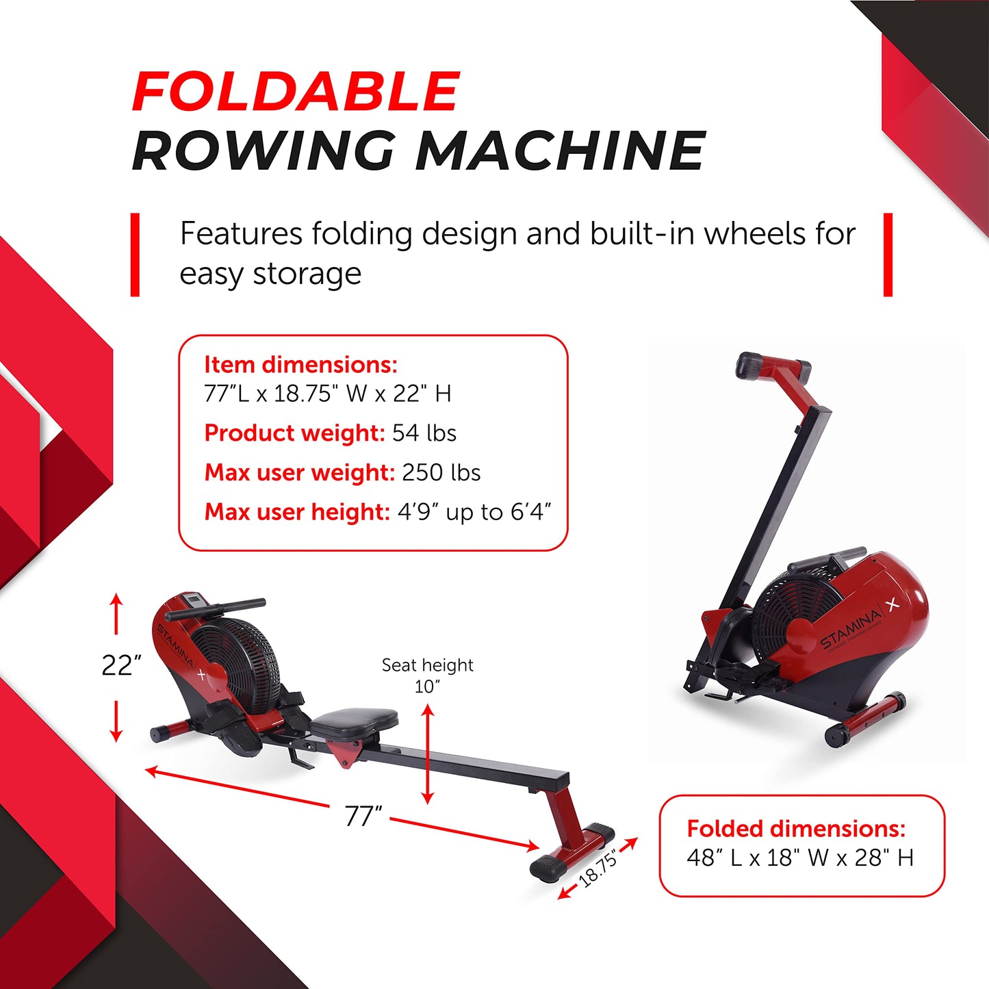 Stamina X ATS Air Rower Machine with Smart Workout App - Foldable Rowing Machine with Dynamic Air Resistance for Home Gym Fitness - Up to 250 lbs Weight Capacity - Red/Black
