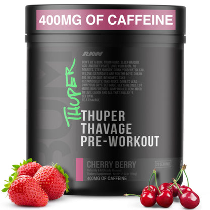 RAW Thuper Thavage Pre Workout Powder - High-Stim Preworkout with Creatine, Beta Alanine, L-Citrulline & Caffeine - Chris Bumstead Gym & Fitness Supplement for Men & Women - Cherry Berry