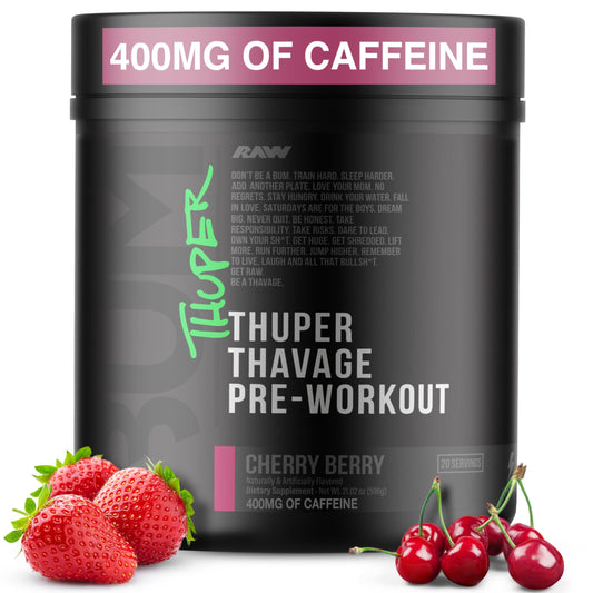 RAW Thuper Thavage Pre Workout Powder - High-Stim Preworkout with Creatine, Beta Alanine, L-Citrulline & Caffeine - Chris Bumstead Gym & Fitness Supplement for Men & Women - Cherry Berry