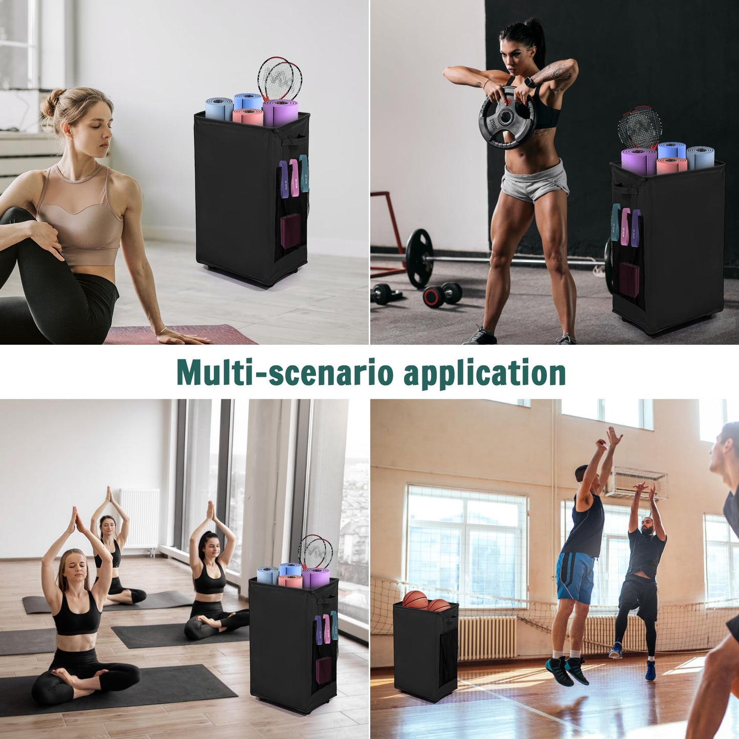 wymulot Yoga Mat Storage Racks, Home Gym Storage Rack with Wheels, Yoga Mat Holder Side 2 Mesh Pockets, Yoga Storage Basket Holds 4 Yoga Mats, 2 Foam Rollers, 6 Resistance Bands (Black)