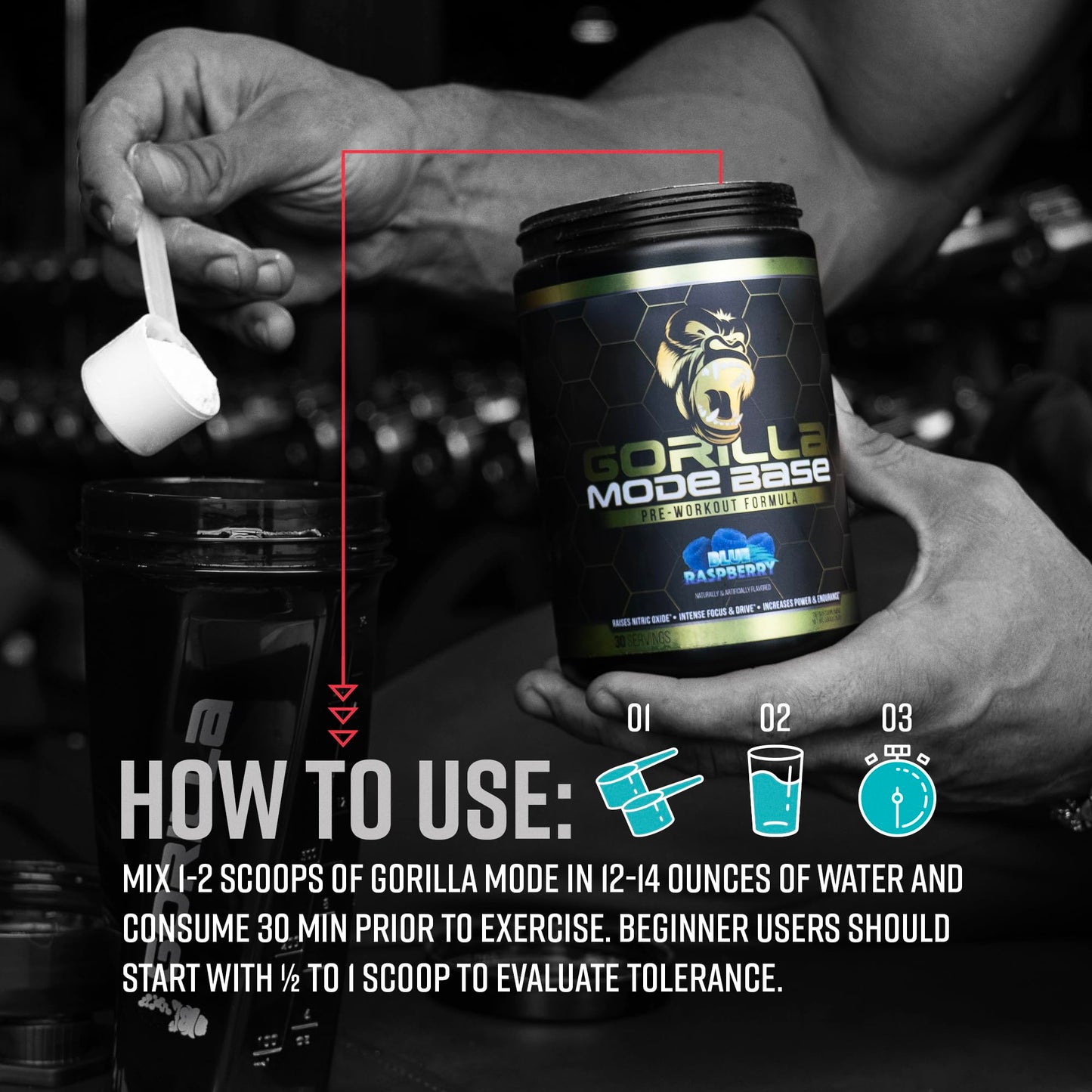 Gorilla Mind Base Pre Workout - Raises Nitric Oxide Intense Focus & Drive Endurance Power - L-Citrulline, L-Tyrosine, Betaine, Alpha-GPC, Caffeine, Huperzine A - 360 Grams (Blue Raspberry)