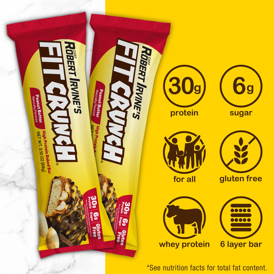 FITCRUNCH Full Size Protein Bars, 6-Layer Baked Bar, 6g of Sugar, Gluten Free & Soft Cake Core (12 Bars, Peanut Butter)