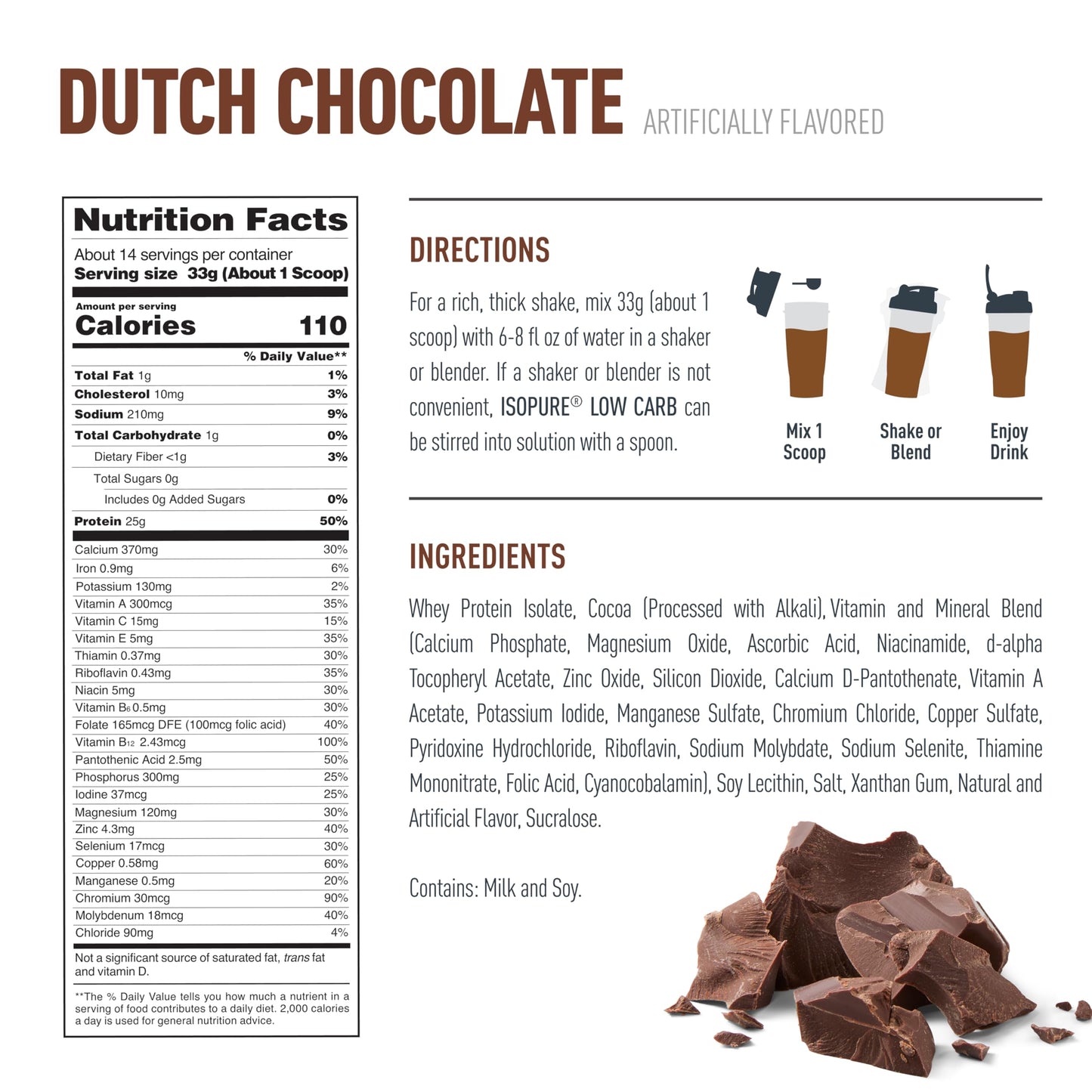 Isopure Low Carb 100% Pure Whey Isolate Protein Powder, Lactose Free, Gluten Free, With Vitamins, Dutch Chocolate, 25g Protein Per Serving, 4.5 Lbs, 62 Servings (Packaging May Vary)