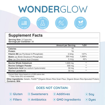 WONDERCOW Hair Skin and Nails Vitamins w/Bovine Colostrum, Collagen, Hyaluronic Acid, Biotin, Zinc, & Lactoferrin┃Supports Faster Hair Growth, Stronger Nails and Glowing Skin (30 Servings, Capsule)