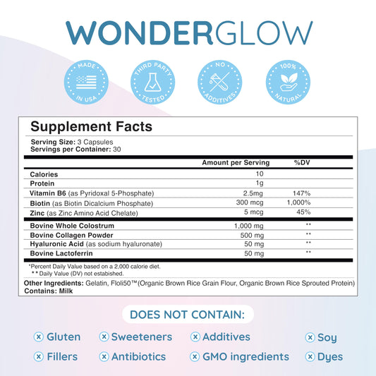 WONDERCOW Hair Skin and Nails Vitamins w/Bovine Colostrum, Collagen, Hyaluronic Acid, Biotin, Zinc, & Lactoferrin┃Supports Faster Hair Growth, Stronger Nails and Glowing Skin (30 Servings, Capsule)