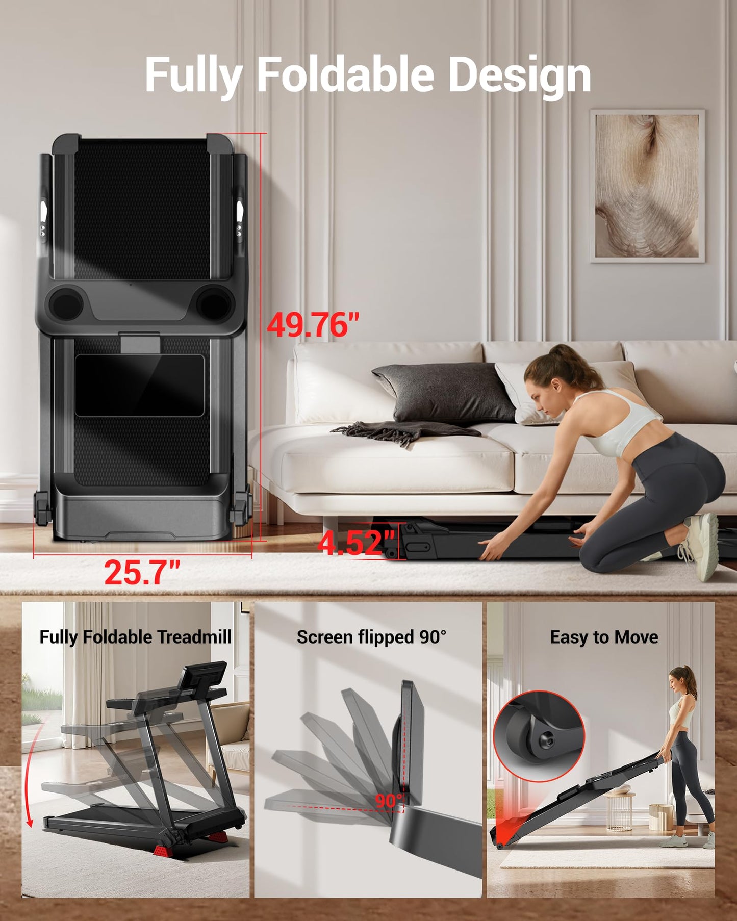 UMAY Fitness Treadmill with 3-Level Incline, Treadmills for Home Auto Folding with Pulse Sensors, 300 LBS Capacity, 3.0HP Quiet Brushless, Max 8.7 MPH (Treadmill with handrail) (Black with Screen)