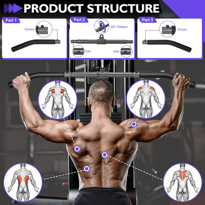 Turakun Cable Machine Attachments Set: 6 Pack LAT Pulldown Attachments Bar for Home Gym Accessories Tricep Rope Double D Handles
