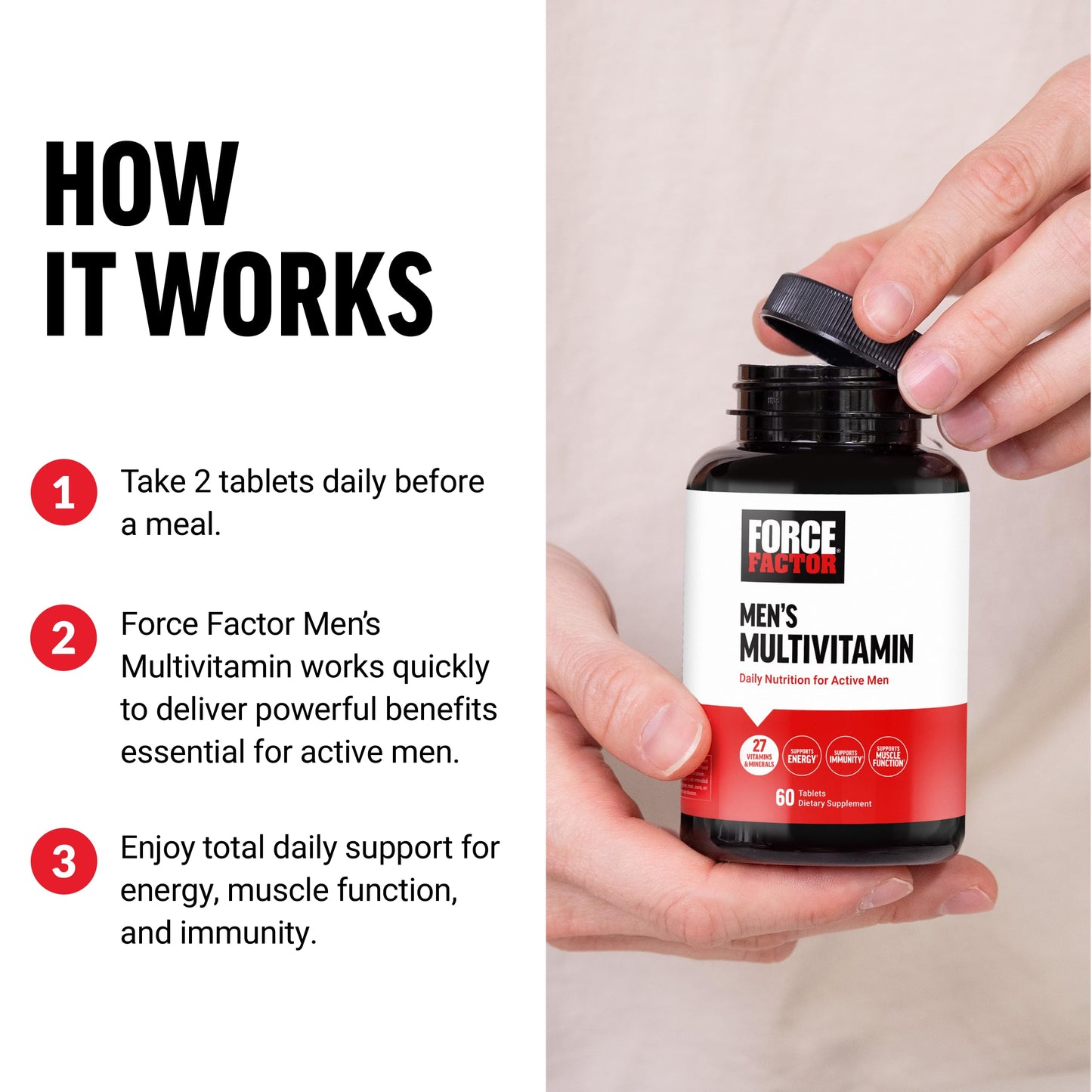 Force Factor Men’s Multivitamins, Multivitamin for Men Plus Amino Acids Supplement with 27 Vitamins and Minerals, and Phytonutrients to Support Energy, and Immunity, 60 Tablets