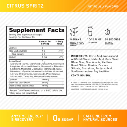 Optimum Nutrition New Flavor Amino Energy - Pre Workout with Green Tea, BCAA, Amino Acids, Keto Friendly, Green Coffee Extract, Energy Powder - Citrus Spritz, 65 Servings (Packaging May Vary)
