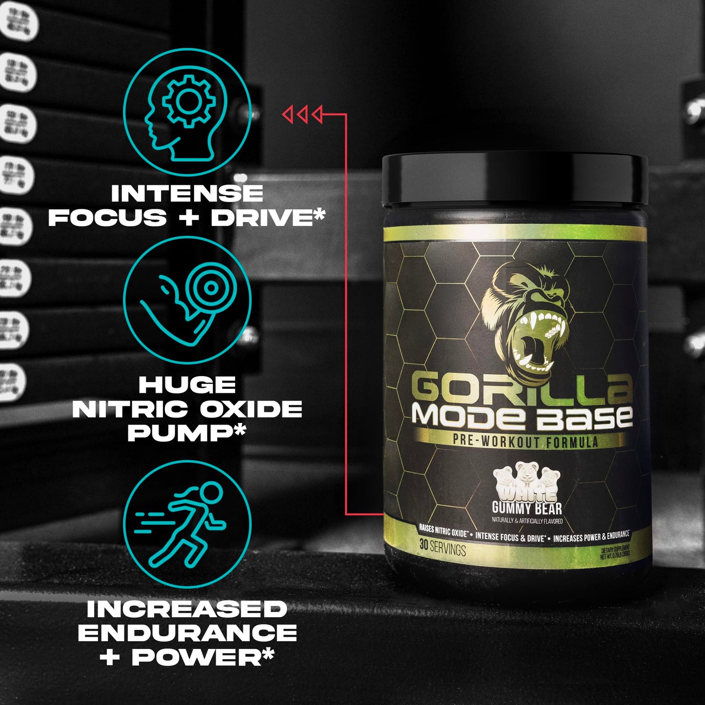 Gorilla Mind Base Pre Workout - Raises Nitric Oxide Intense Focus & Drive Endurance Power - L-Citrulline, L-Tyrosine, Betaine, Alpha-GPC, Caffeine, Huperzine A - 360 Grams (Blue Raspberry)