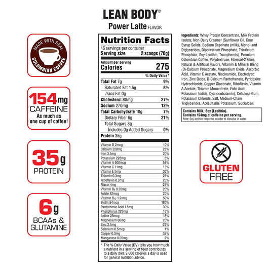 Labrada Lean Body MRP with Premium Columbia Coffee (154mg of Caffeine), Power Latte, 2.47LB Tub Packaging May Vary
