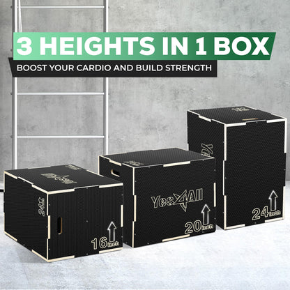 Yes4All 3 in 1 Non-Slip Wooden Plyo Box, Plyometric Box for Home Gym and Outdoor Workout 24" 20" 16" - Black